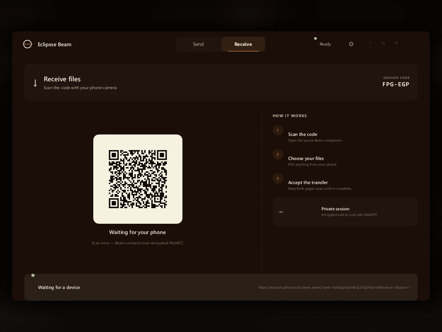 Eclipxse Beam encrypted file-transfer interface