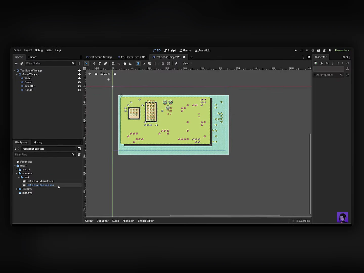 Godot farming prototype shown inside the Godot editor